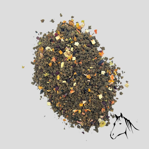 TrockenBarf-Menüs mit Pferd sowie Obst und Gemüse für Hunde.